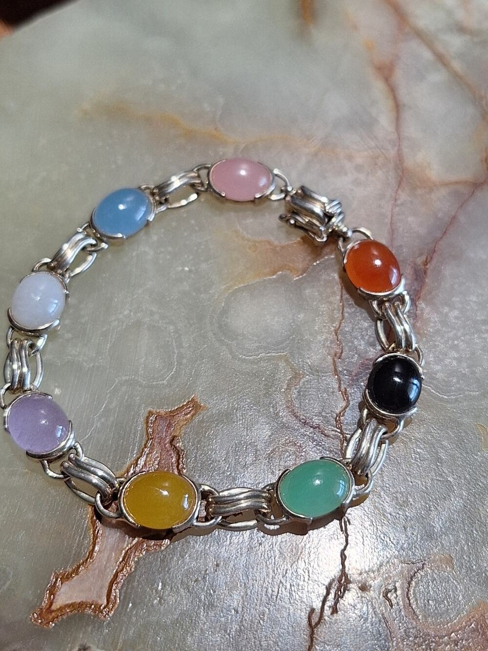 Vintage 925 Sterling Silver Multicolor Jade Cabochon Link Bracelet 7.5"